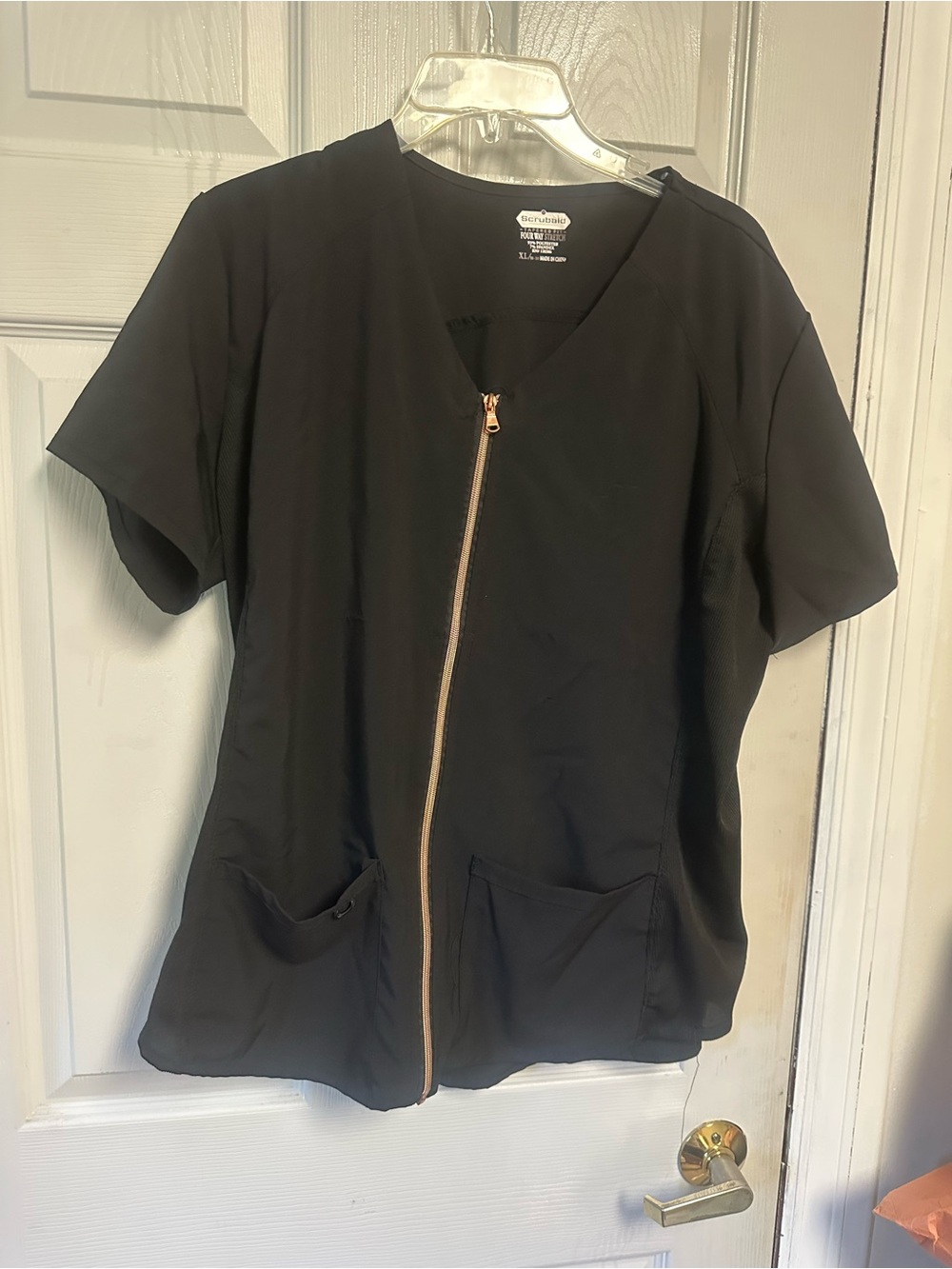 WonderWink Black Short-Sleeve Zip Front Top with Rose Gold Zipper